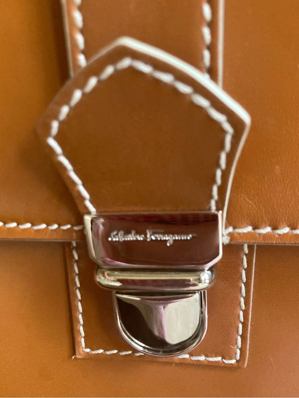 Salvatore Ferragamo Men's Leather Briefcase in Cognac Brown with White Stitching